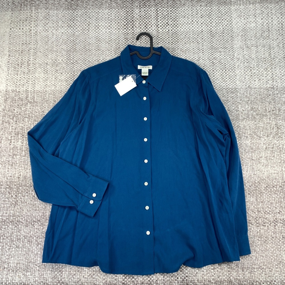 Orvis Button Down Shirt Womens XL (18/20) Teal Blue 100% Silk Long Sleeve